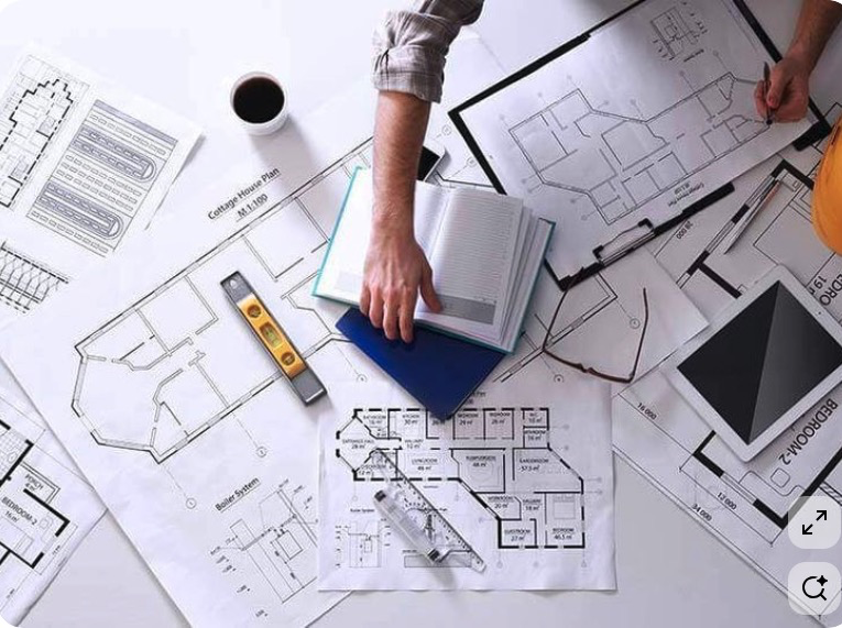 Architects working on blueprints and structural plans